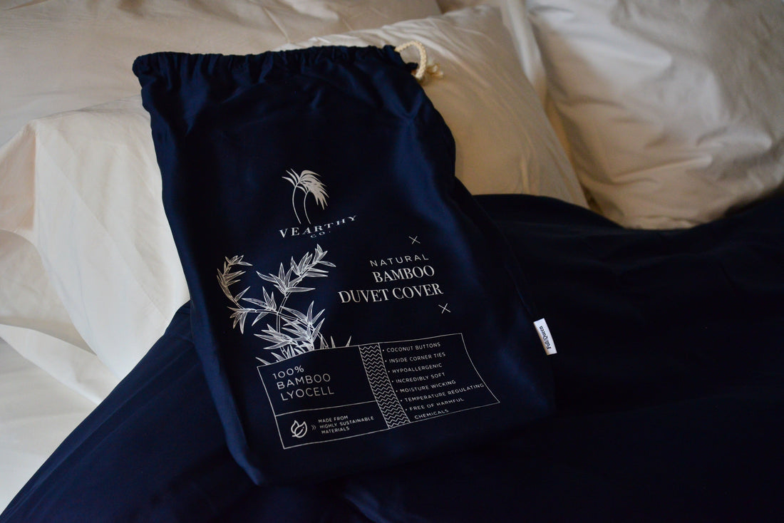 Deep Ocean Blue 100% Bamboo Lyocell Duvet Cover on cozy bed