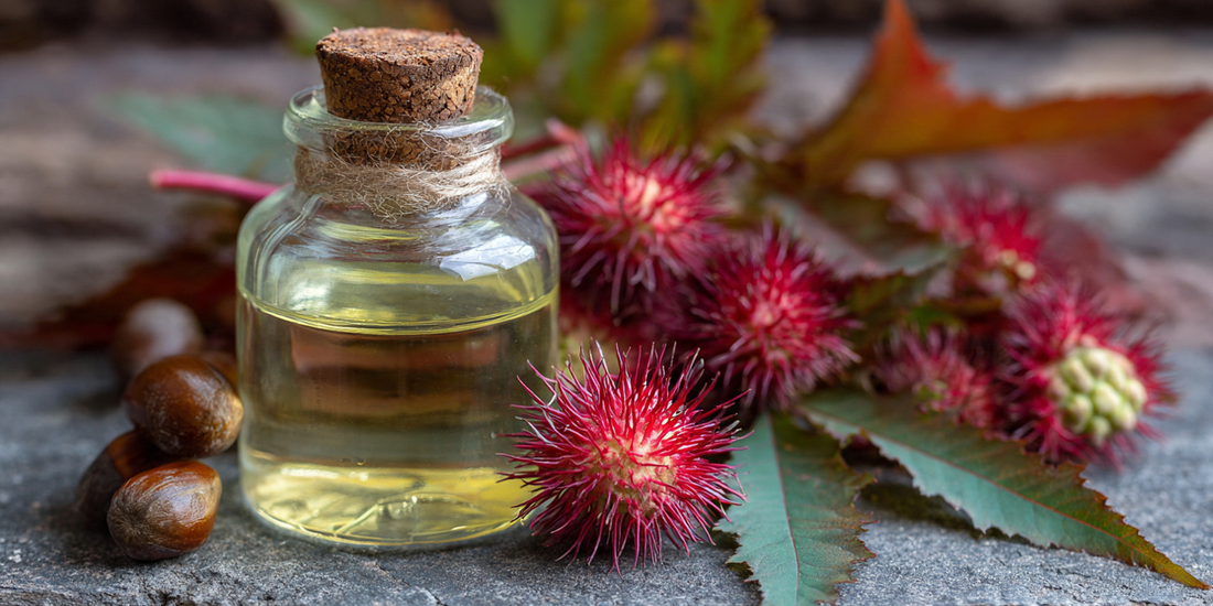Castor seeds and plants sit on table with a jar of oil vearthy.com
