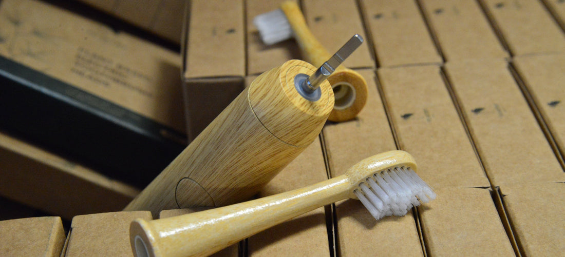 Bamboo electric toothbrush and bamboo replacement head sitting on boxes of cardboard vearthy boxes