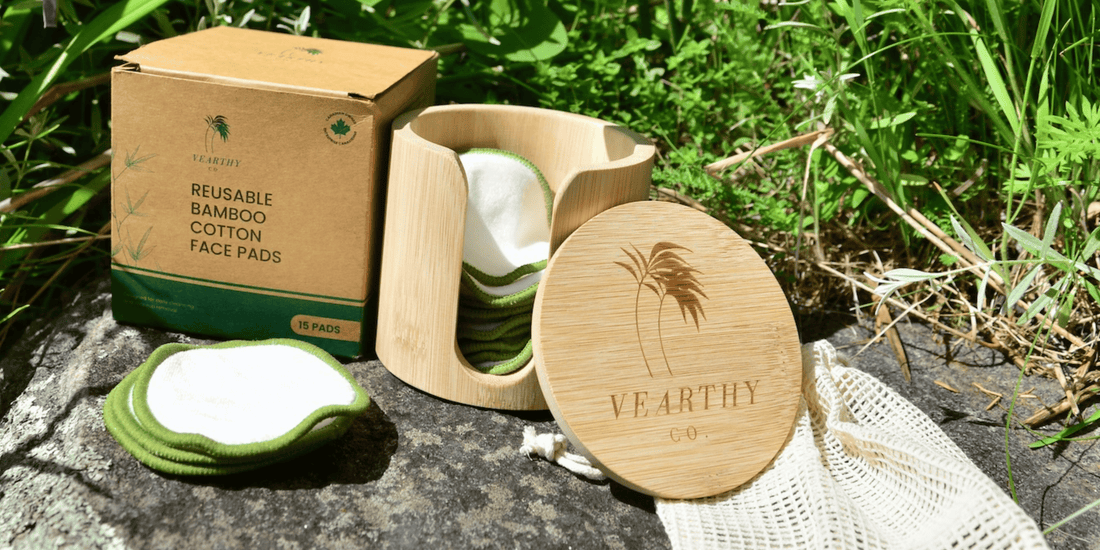 Ultra soft bamboo cotton facepads from Vearthy sit on display on a rock in the sun in front of some outdoor foliage 