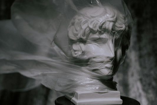 Plastic sheet covers the face of a statue | Vearthy