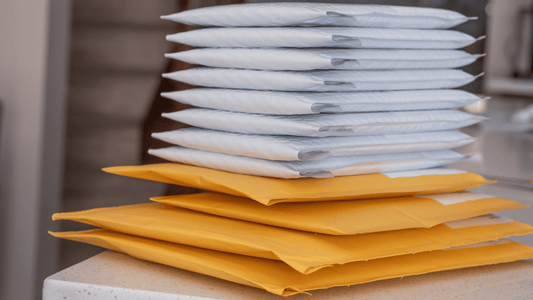 Plastic and paper shipping mailers sit on counter Vearthy.com