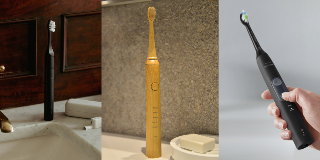 a comparison between Vearthy bamboo electric toothbrush vs suri vs phillips sonicare. 3 images side by side show each handle