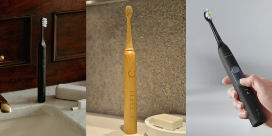 a comparison between Vearthy bamboo electric toothbrush vs suri vs phillips sonicare. 3 images side by side show each handle
