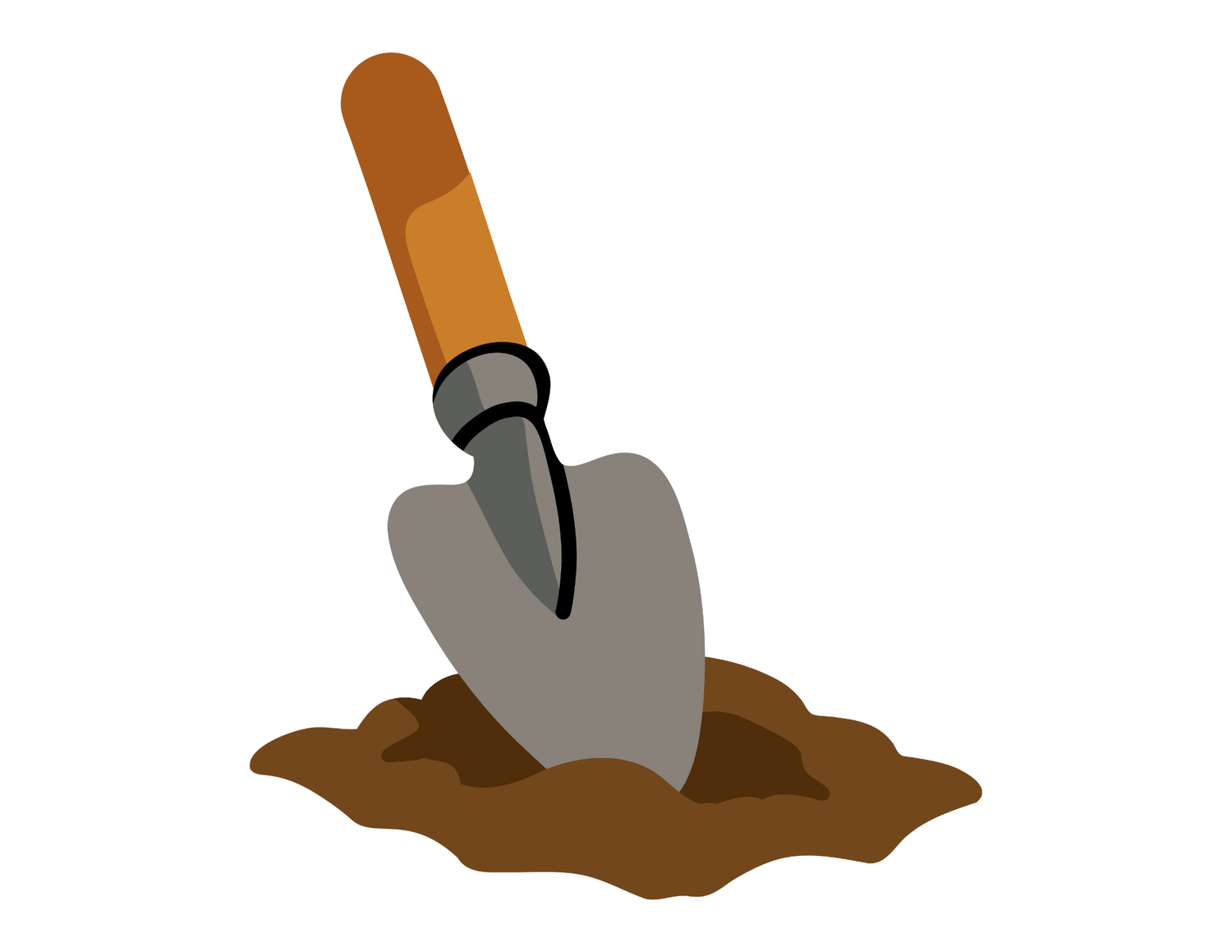 Trowel with a wooden handle in soil on a white background