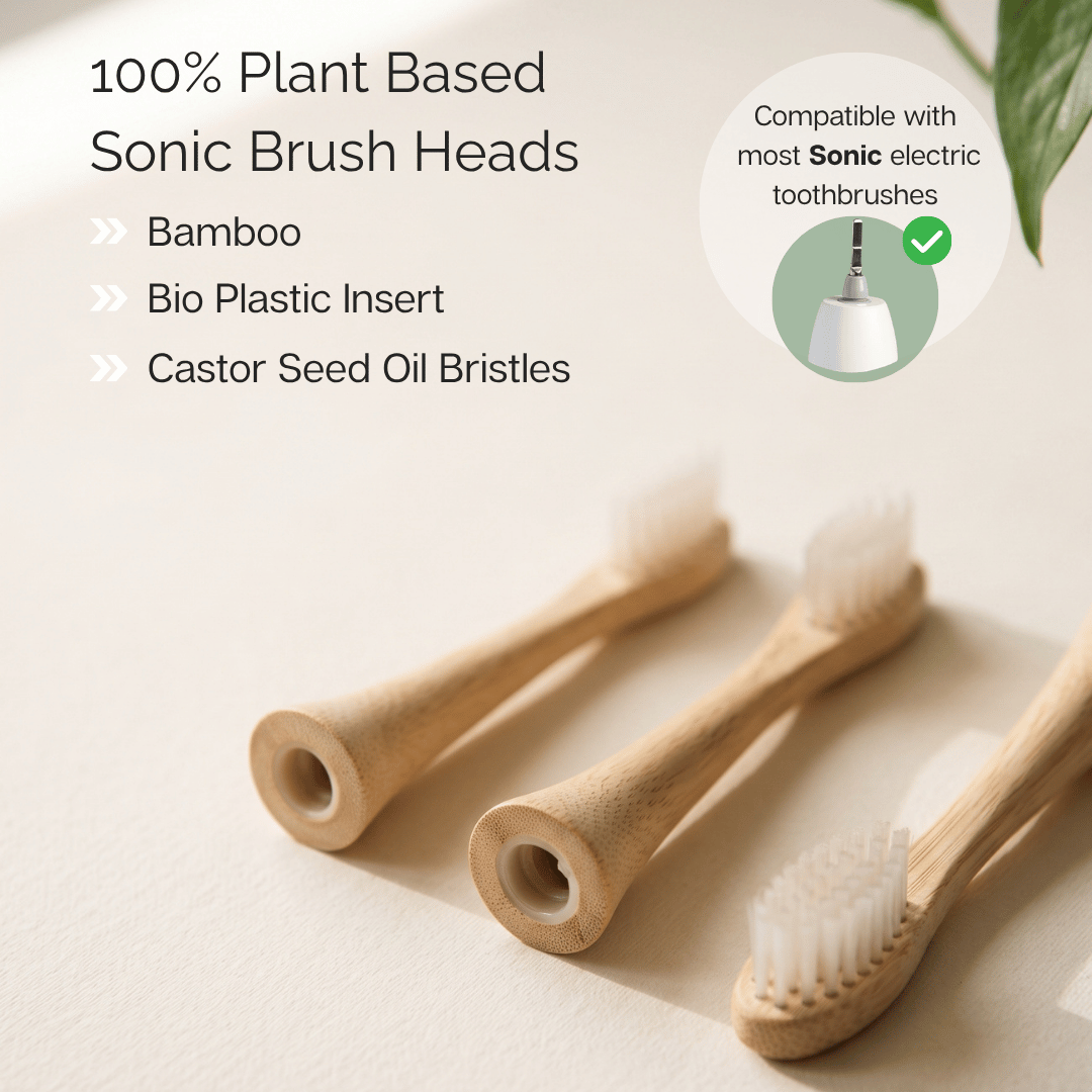 Three Vearthy bamboo Sonic Brush Heads for electric toothbrushes arranged on a light beige surface, with text highlighting plant-based materials and a compatibility badge.