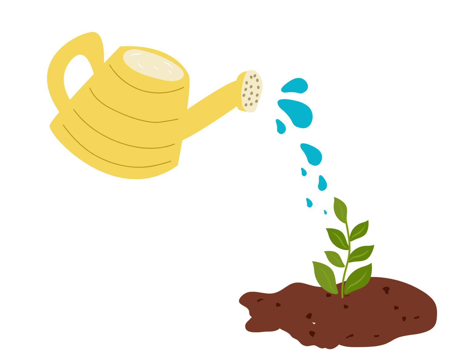 A yellow watering can watering a plant
