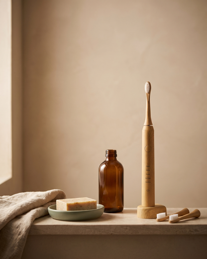 A bamboo electric toothbrush with its matching charging stand and two replacement heads, styled together on a rustic wooden ledge next to a small dish with, a bar of soap on it, and an amber glass bottle against a warm beige background.