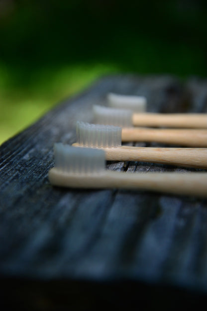 Macro close-up focusing on the white castor seed oil bristles of a bamboo electric toothbrush head resting on a wooden log
