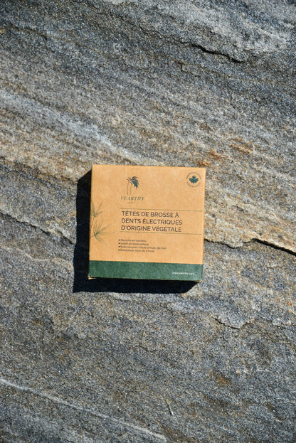 Vearthy cardboard packaging box with French text for plant based electric toothbrush heads on a grey stone