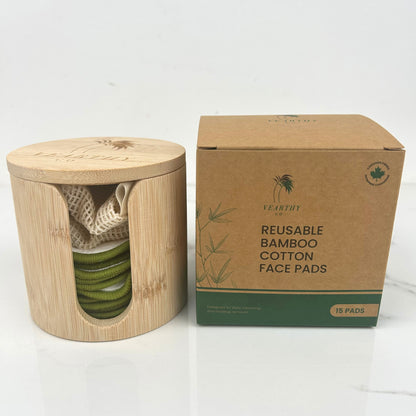 Reusable bamboo cotton face pads in a bamboo container with a cardboard box on a white background from Vearthy Canada