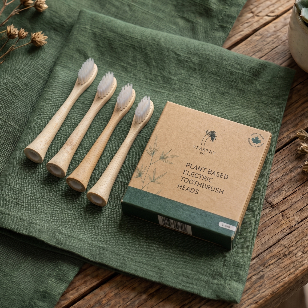 Four plant-based electric toothbrush heads arranged on a folded dark green cloth beside their kraft paper packaging box, placed on a rustic wooden surface.