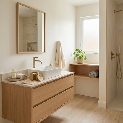 Modern bathroom with wooden vanity, sink, and mirror. Bamboo cotton face pads sit on the counter in a bamboo box